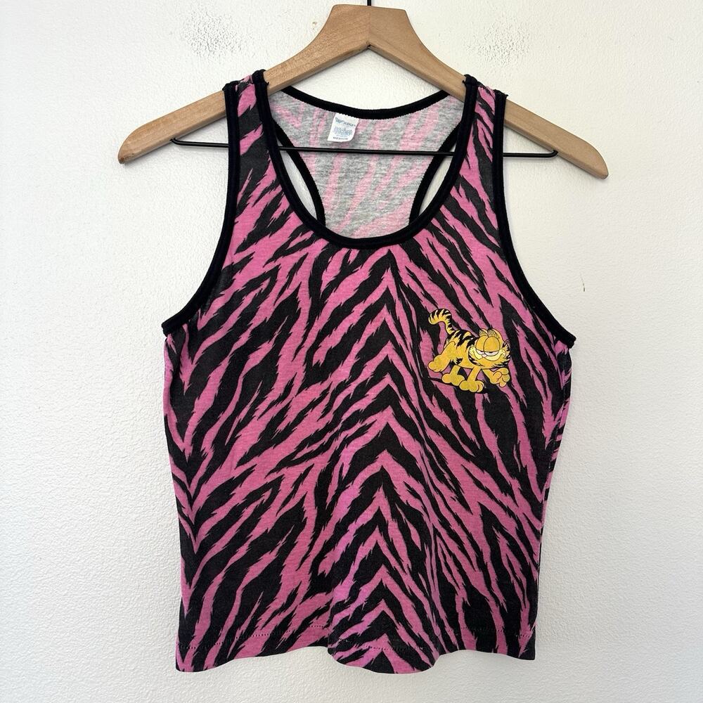 Vintage 70s Garfield Cat Crop Tank Top M Kiki Racerback 100% Cotton Pink Zebra